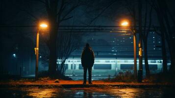 a person standing at the edge of a train station at night generative ai photo