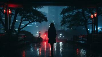 a person walking in the rain at night in a city generative ai photo