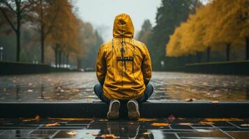 a person wearing a yellow jacket sitting on a bench in the rain generative ai photo