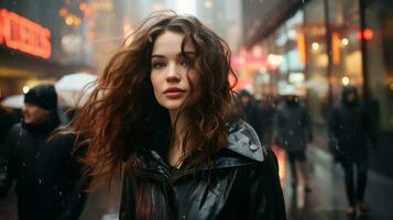 a woman in a black jacket walking down the street in the rain generative ai photo