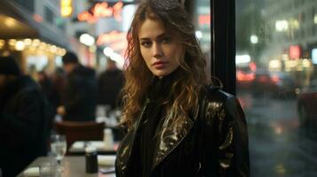 a woman in a black leather jacket standing in front of a restaurant generative ai photo