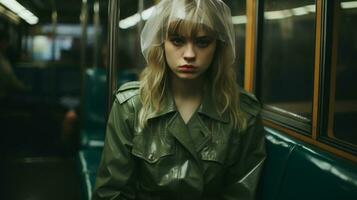 a woman in a green jacket sitting on a subway train generative ai photo