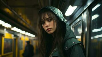 a woman in a green jacket standing on a subway platform generative ai photo