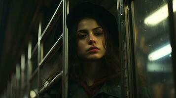 a woman in a hat is looking out the window of a subway car generative ai photo