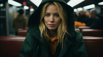 a woman in a green jacket sitting on a train generative ai photo
