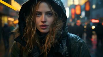 a woman in a hooded jacket standing in the rain photo