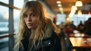 a woman in a leather jacket sitting at a table photo