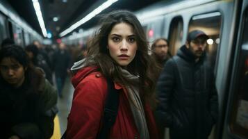 a woman in a red coat standing on a subway train generative ai photo