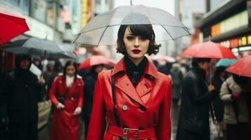 a woman in a red coat with an umbrella generative ai photo