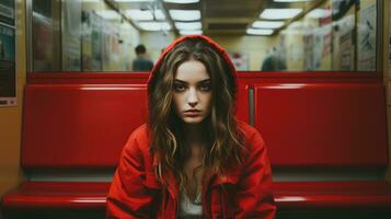 a woman in a red jacket sitting on a red bench generative ai photo
