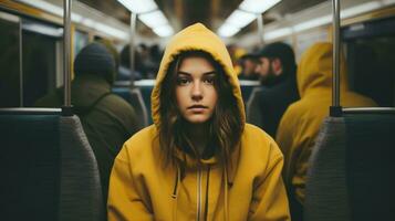 un mujer en un amarillo capucha sentado en un tren generativo ai foto