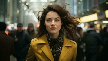 a woman in a yellow coat standing in the middle of a crowded city generative ai photo