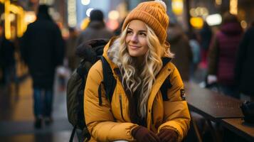 a woman in a yellow jacket sitting on a bench in the city generative ai photo