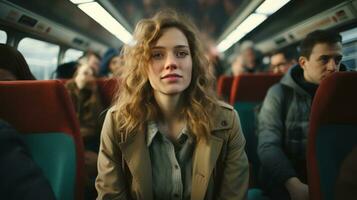 a woman is sitting on a train and looking at the camera generative ai photo