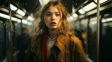 a woman is standing in a subway car with raindrops on her face generative ai photo