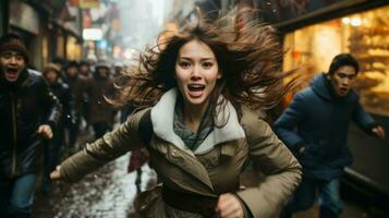 a woman running in the street with people in the background generative ai photo