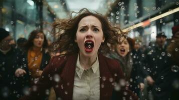 a woman screaming in the middle of a crowd of people generative ai photo