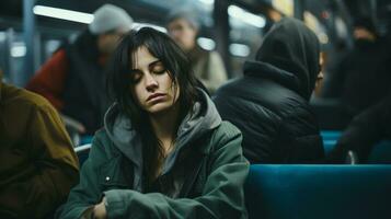 a woman sitting on a bus with her eyes closed generative ai photo