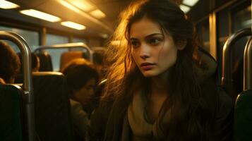 a woman sitting on a bus with her eyes closed photo