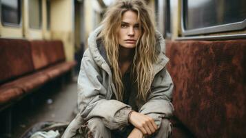 a woman sitting on a train with her hands on her knees generative ai photo