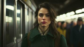 a woman standing in front of a subway train photo