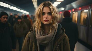 a woman standing in front of a subway train photo