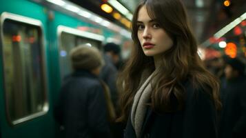 a woman standing in front of a subway train photo