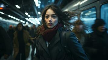 a woman walking through a subway station with her hair blowing in the wind generative ai photo