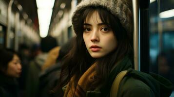 a woman wearing a beanie on a subway train photo