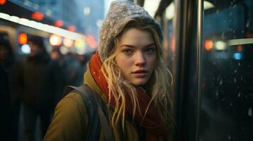 a woman wearing a hat and scarf standing on a subway platform generative ai photo