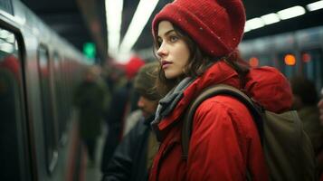 a woman wearing a red coat and hat on a subway train generative ai photo