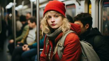 a woman wearing a red hat on a subway train generative ai photo
