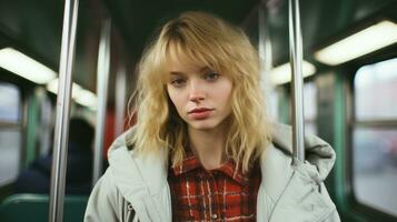 a woman with blonde hair sitting on a bus photo