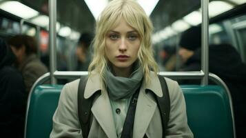 a woman with blonde hair sitting on a subway train photo
