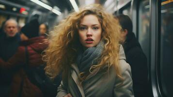 un mujer con Rizado pelo en un subterraneo tren generativo ai foto