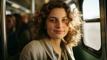 a woman with curly hair sitting on a train photo