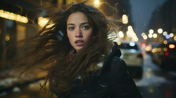 a woman with her hair blowing in the wind on a city street at night generative ai photo
