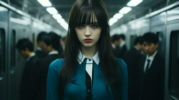 a woman with long black hair standing in front of people in a subway generative ai photo