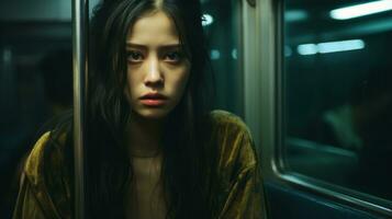 a woman with long black hair sitting on a subway train generative ai photo