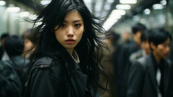 a woman with long black hair standing in a subway generative ai photo