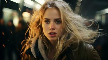 a woman with long blonde hair standing in a subway generative ai photo