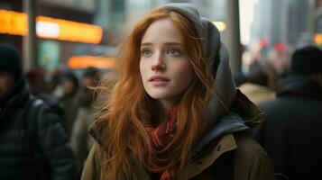 a woman with red hair and a hoodie on walks down the street generative ai photo