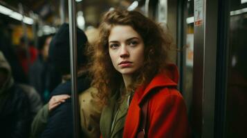 a woman with red hair sitting on a subway train generative ai photo