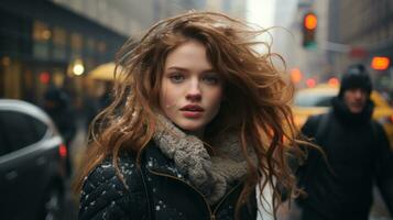 a woman with red hair walking down the street in the snow generative ai photo