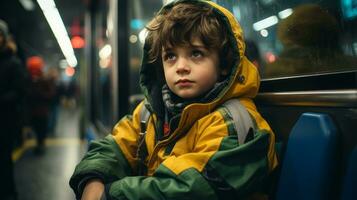 un joven chico sentado en un subterraneo tren generativo ai foto