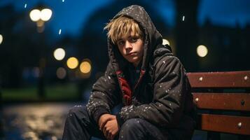 un joven chico en un capucha sentado en un banco a noche generativo ai foto