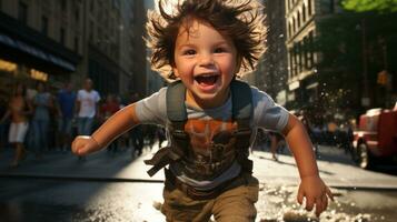 a young boy running in the street with his hair blowing in the wind generative ai photo