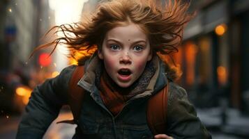 un joven niña corriendo mediante el ciudad con su pelo soplo en el viento generativo ai foto