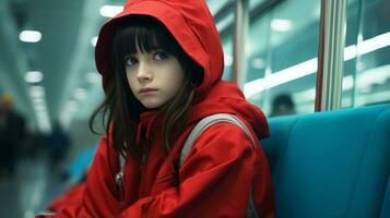 a young girl in a red jacket sitting on a bench generative ai photo