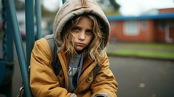 a young girl in a hoodie sitting on a swing generative ai photo